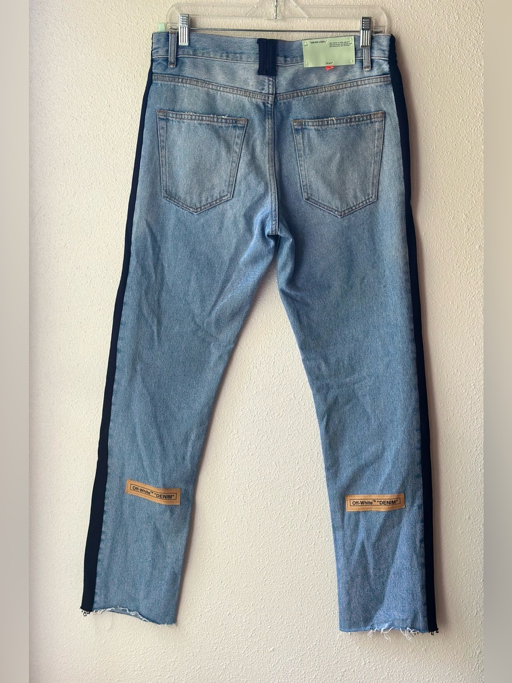 Off-White Virgil Abloh Reconstructed Denim Jeans Black Side Panels Raw Hem Sz 30